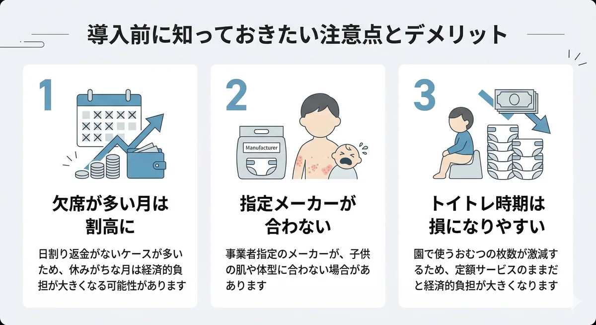定額サービスの注意点とデメリット。1.日割り返金がなく欠席が多い月は割高に、2.指定メーカーが肌に合わない可能性、3.トイトレ時期は消費が減り経済的負担が大きくなると解説しています。