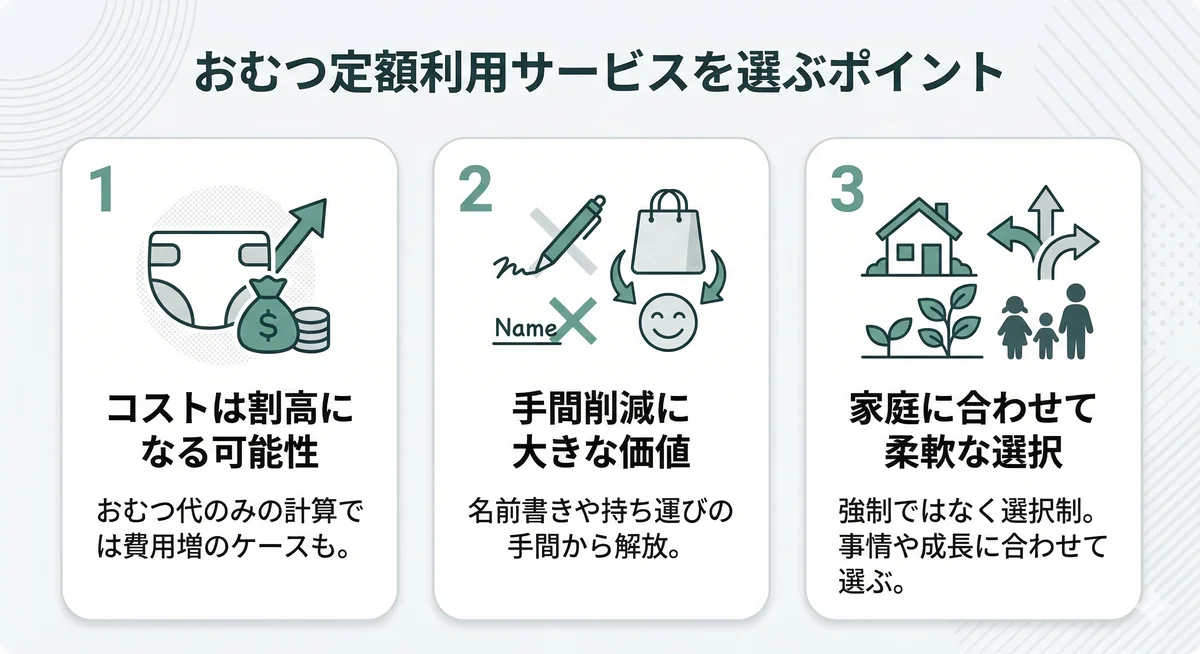おむつ定額サービスを選ぶポイント。コストは割高になるケースもあるが手間削減に大きな価値があること、そして強制ではなく家庭の事情に合わせて柔軟に選択できることがまとめられています。