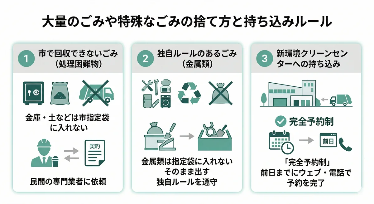 特殊なごみの捨て方と持ち込みルール。市で回収できない処理困難物の扱い、指定袋に入れない金属類、クリーンセンターへの完全予約制についての図解です。