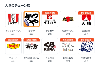 ロケットナウで表示される富士市内の人気チェーン店一覧画面