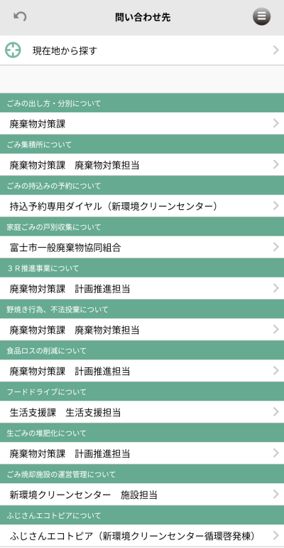 ゴミ分別さんあ～るアプリの富士市関連施設問い合わせ一覧
